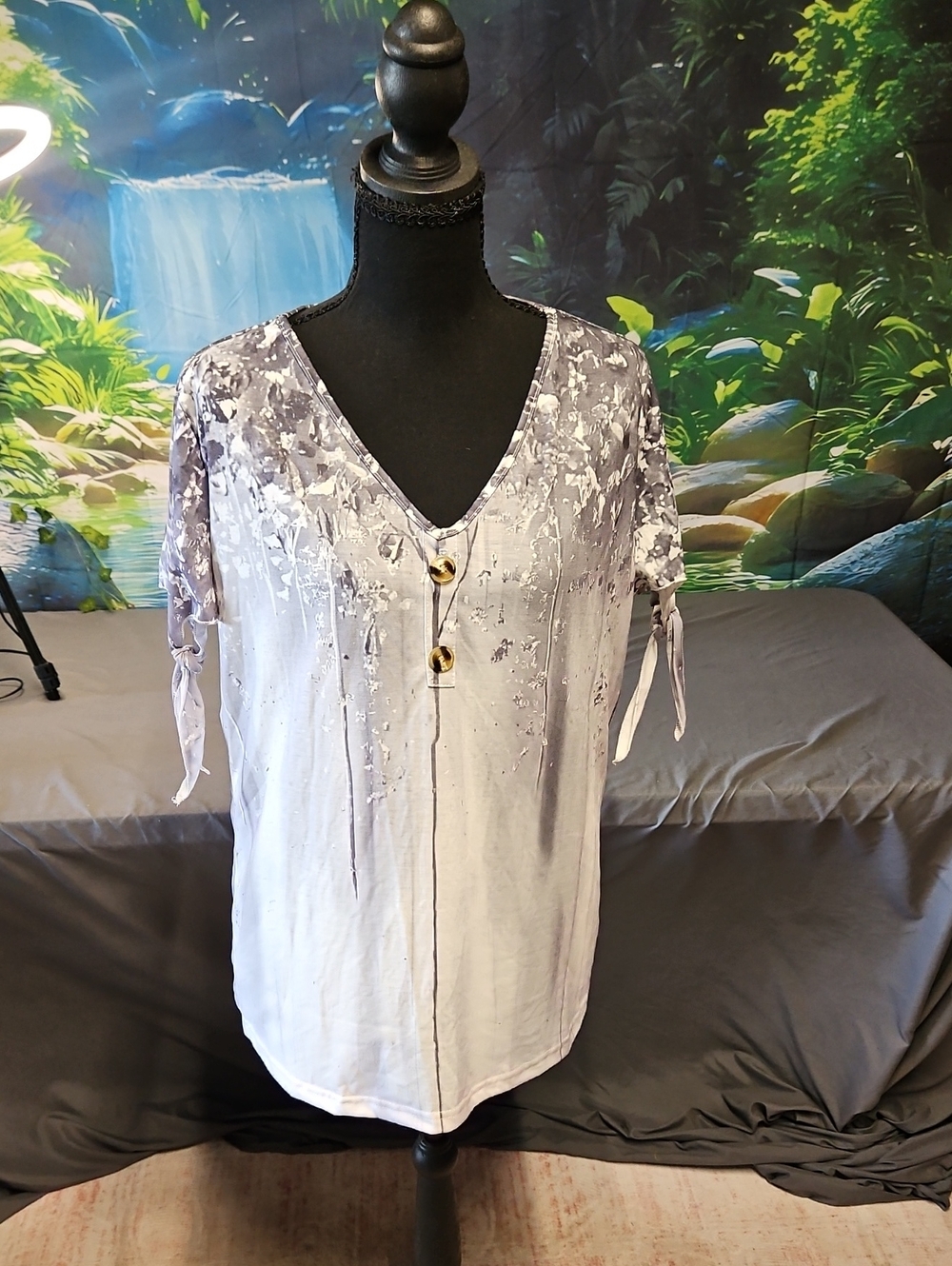 Womens V-Neck Button Front Tie-Sleeve Blouse